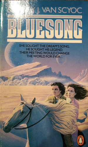 The Bluesong cover features a man and woman travelling horseback on a white steed across cloudy white dunes with mountains in the background and two moons hanging over the landscape, tinged with ethereal white, pink, and purple.