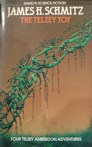 The Telzey Toy cover shows a series of interconnected green tree nymphs with female bodies against a backdrop of hazy amber mountain scenery.