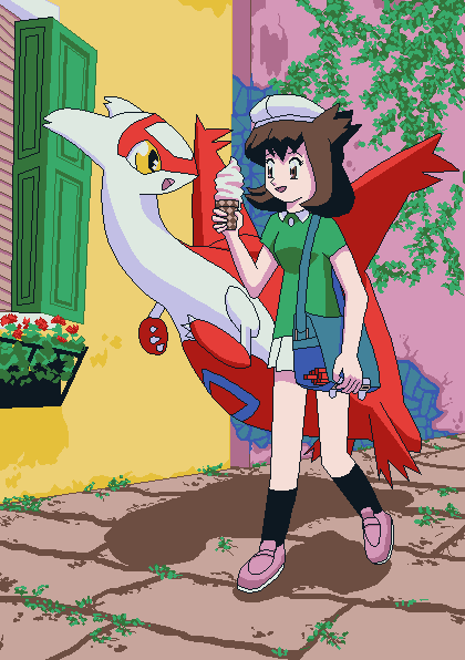Bianca is enjoying ice cream with Latias while walking down a street of colourful Venetian houses.