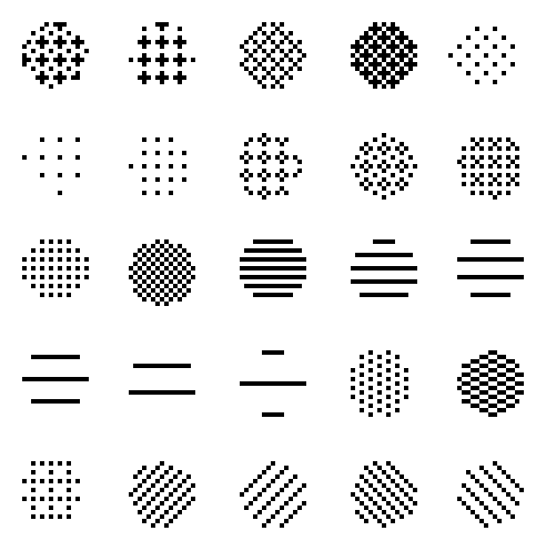 A preview of the 25 dithering patterns in the Krita brush set. It includes a half tone, flower and cross patterns, lines, zigzags, and variable dot patterns.