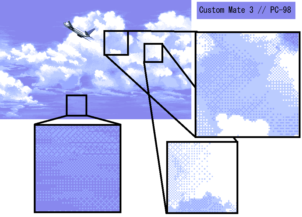 Examples of dithering patterns on pixel art of the sky from the game Custom Mate 3 for the PC-98. Dithering has been applied to the clouds and the blue sky behind them.