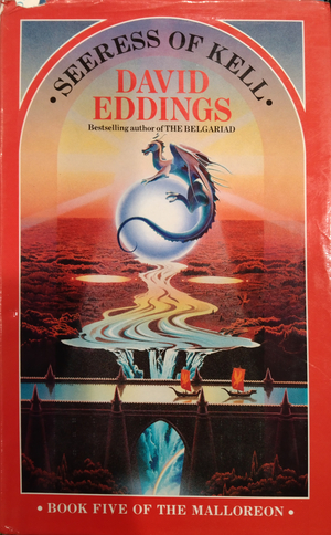 Cover of The Seeress of Kell by David Eddings. A dragon sits atop a silver orb floating above a scene seen from a bird's eye view. Boats float across a still river propped up by a stone wall. Behind it, a waterfall cascades down a cliff face in sinuous arcs, ice blue in colour. A red sunset turns the surrounding forest auburn.