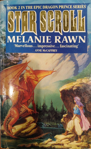 Cover of Star Scroll by Melanie Rawn. Book two in the Dragon Prince series. A woman in a purple headdress approaches a tranquil red dragon by some boulders and a river.