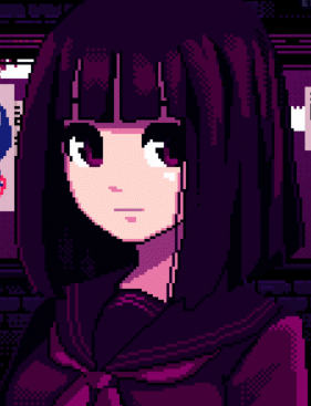 An anime style female character with sleek black hair in a school uniform