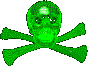 A rotating 3D neon green skull with grid lines over it
