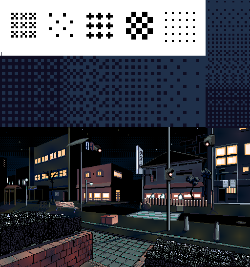 Example dither patterns are displayed at the top including a flower, dot, cross, half tone, and spaced dot pattern. Beneath are example pixel art gradients from dark purple to light blue, and an example pixel art beneath of a city. The gradient was extracted from the sky.